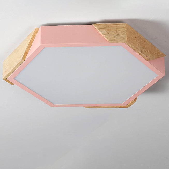 Contemporary Scandinavian Hexagonal Iron Wood Macaron LED Flush Mount Ceiling Light for Bedroom