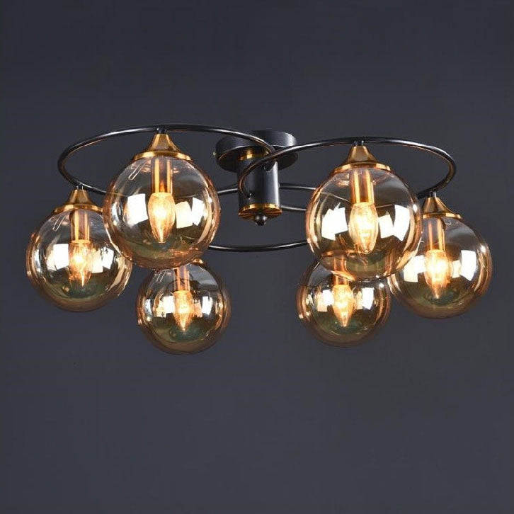 Mid-Century Iron Frame Magic Bean Glass Shade Semi-Flush Mount Ceiling Light 4/6-Light for Living Room