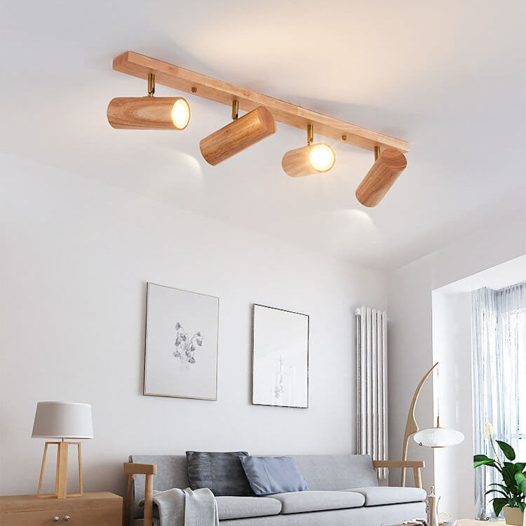 Japanese Minimalist Solid Wood Spotlight Track Ceiling Light - 1/3/4 Light Flush Mount
