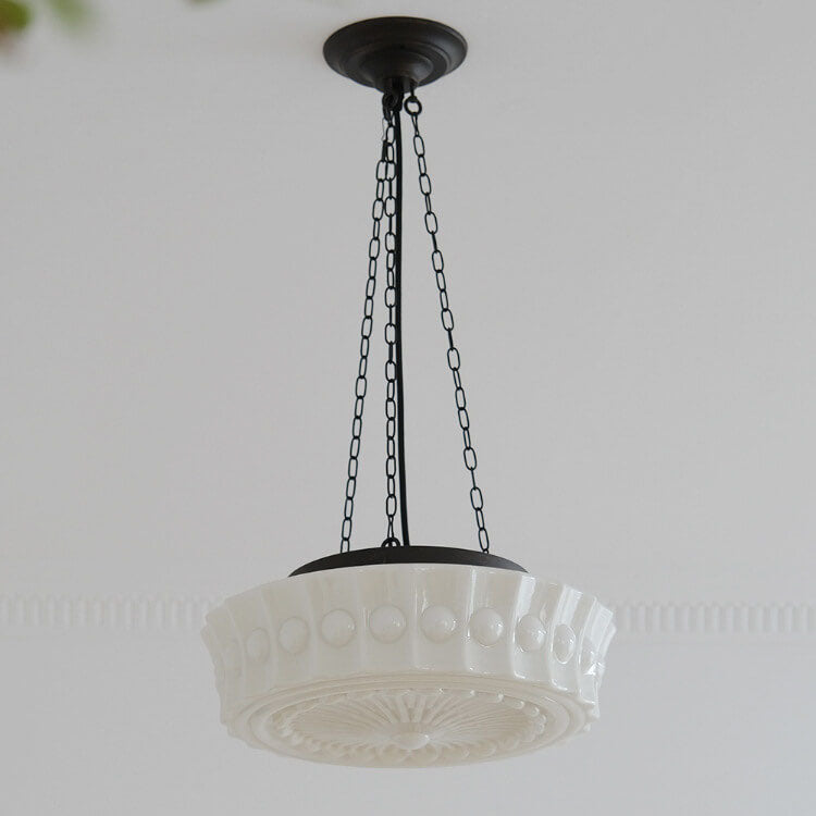 Traditional French Iron Glass Stripes Drum LED Semi-Flush Mount Ceiling Light for Living Room & Bedroom