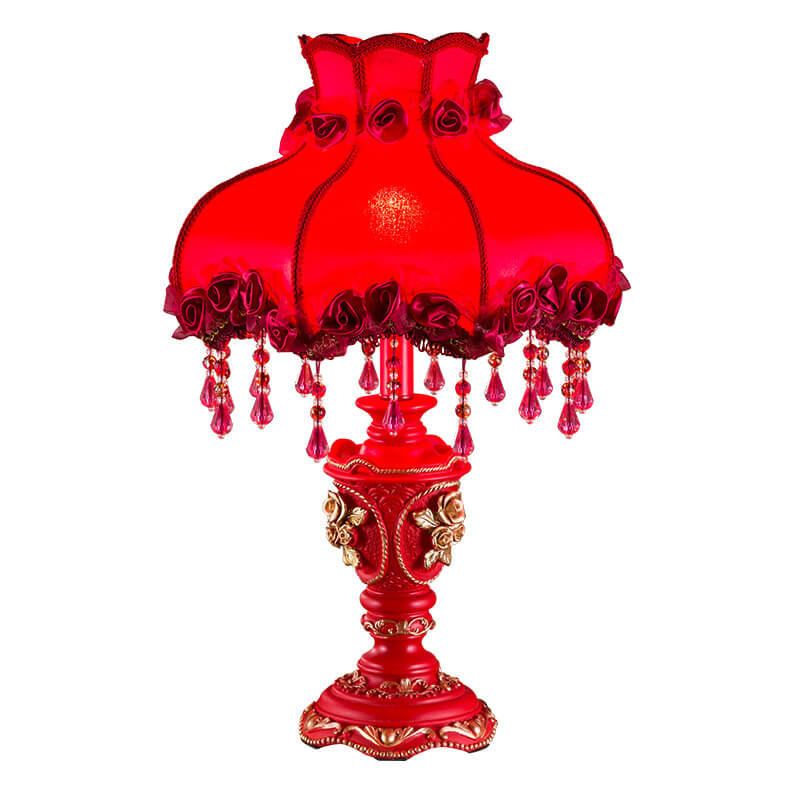 European Wedding Red Fabric Tassel Lamp - 1-Light Resin Table Lamp for Home Decor