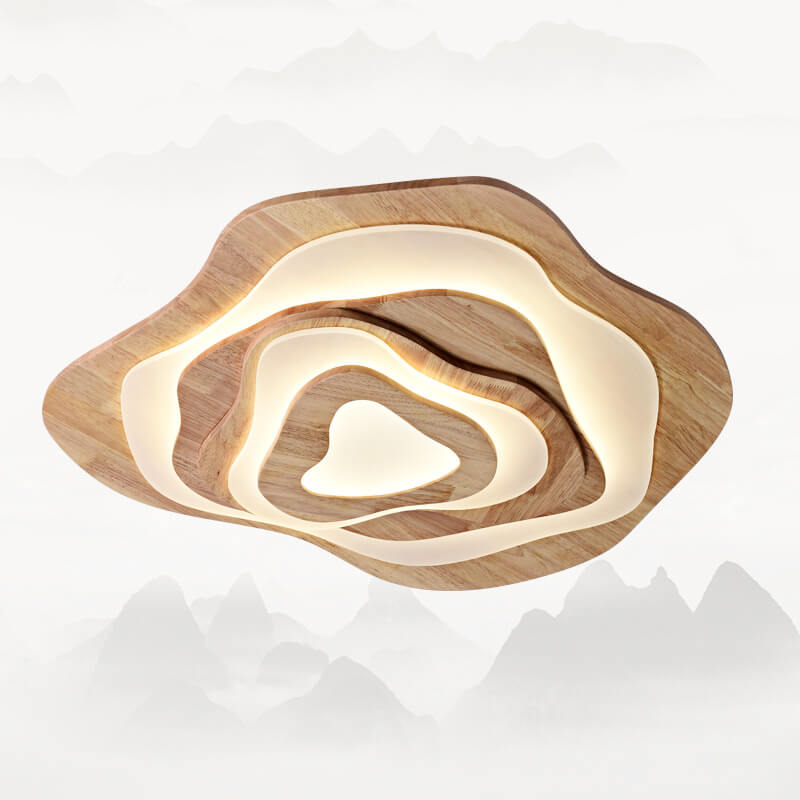 Modern Chinese Solid Wood Round LED Ceiling Light - Textured Flush Mount Lamp