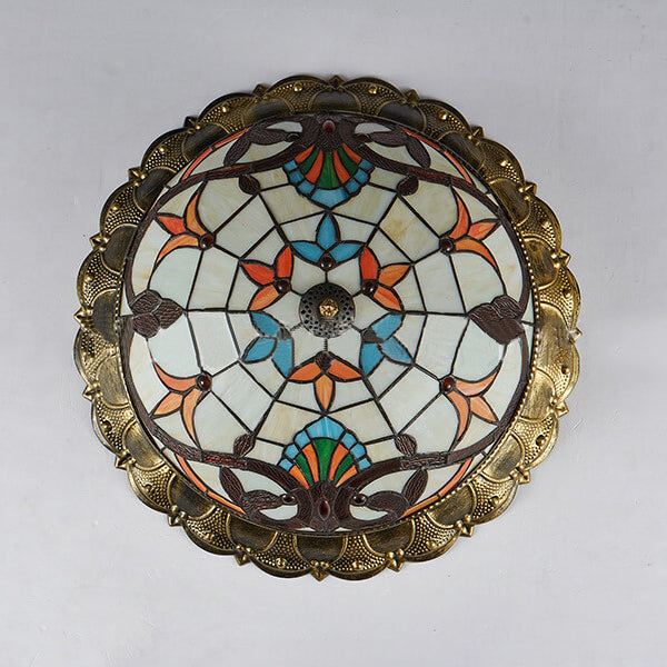 Vintage Tiffany Round Stained Glass LED Flush Mount Light