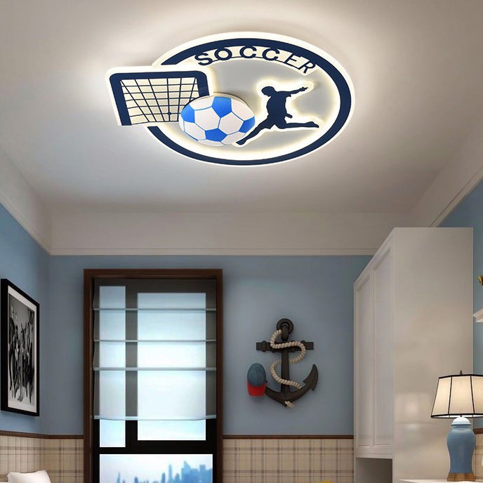 Contemporary Creative Kids Round Basketball Football Iron Acrylic LED Flush Mount Ceiling Light for Bedroom Playroom Sports Decor Kids Lighting Fixture Top Rated Children’s Room Ceiling Lamp