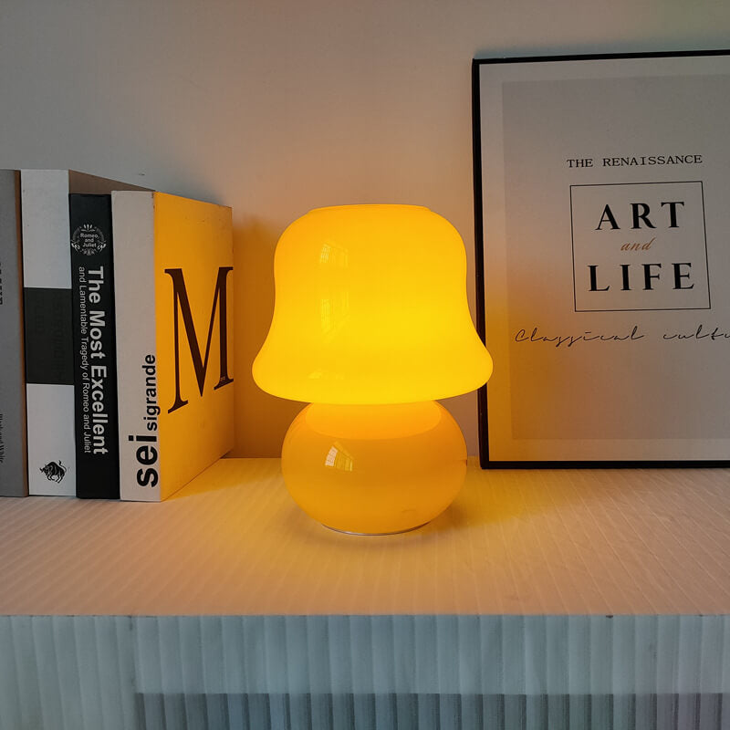 French Cream Handmade Glass Mushroom 1-Light Table Lamp, Unique Artisan Table Lamp, Vintage-Inspired Home Lighting, Decorative Glass Lamp, Soft Glow Interior Illumination, Modern Table Lamp for Living Room and Bedroom, Stylish Mushroom Design Lighting, Ar