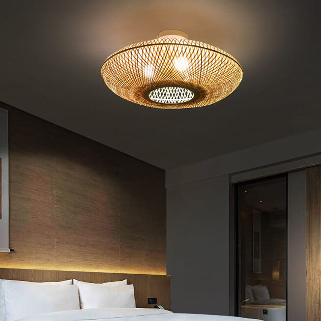 Traditional Japanese Bamboo Weaving Flying Saucer 3-Light Semi-Flush Mount Bedroom Light
