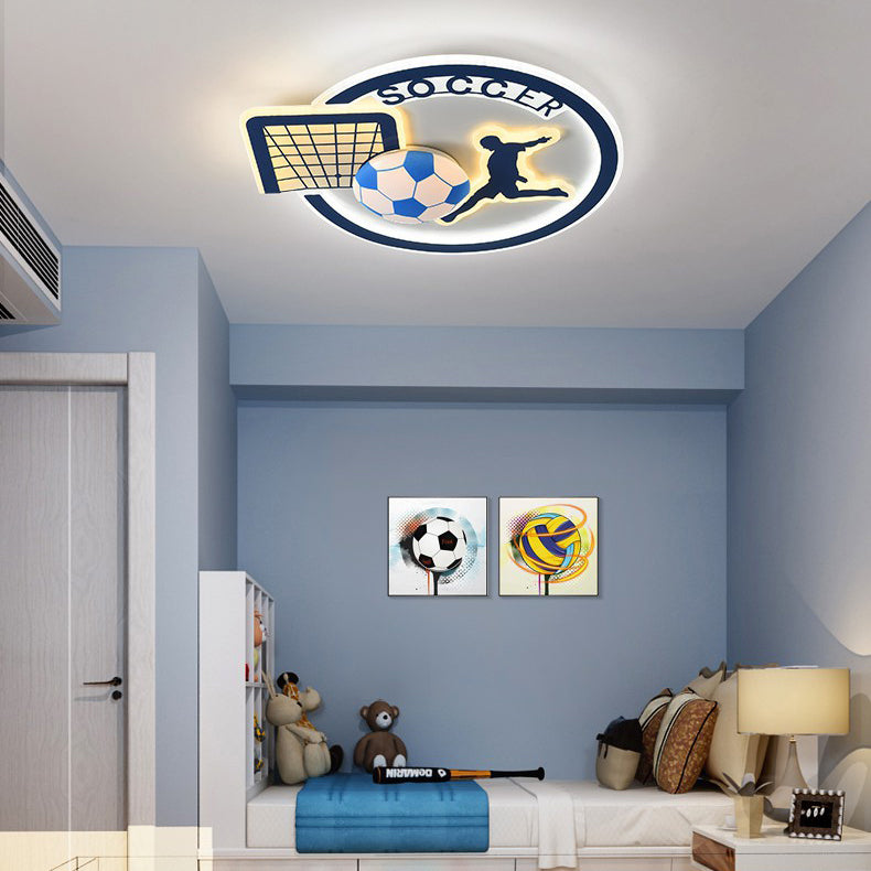 Contemporary Creative Kids Round Basketball Football Iron Acrylic LED Flush Mount Ceiling Light for Bedroom Playroom Sports Decor Kids Lighting Fixture Top Rated Children’s Room Ceiling Lamp
