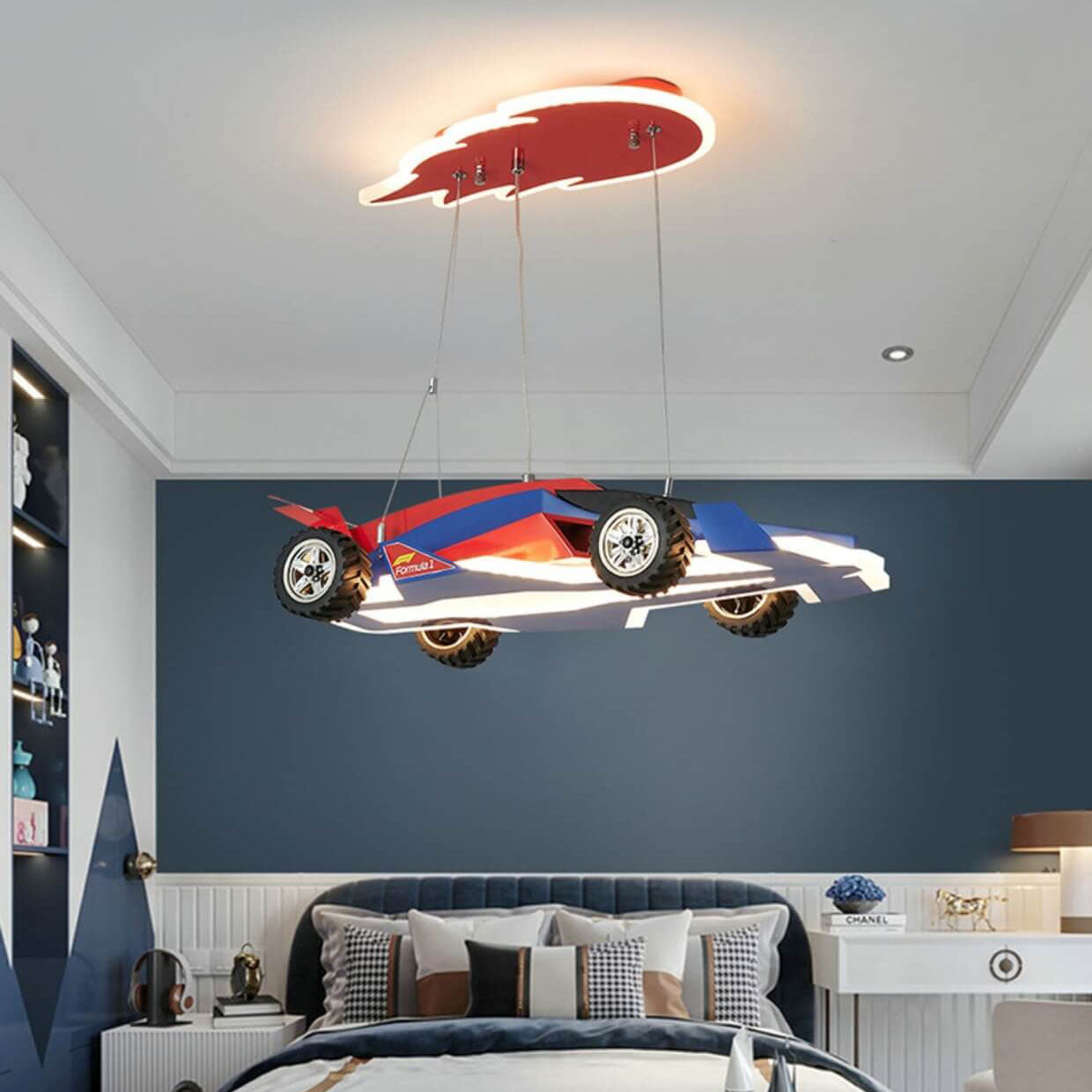 Modern Children's Racing Iron Acrylic LED Pendant Light - Kids Room Decor, Racing Car Pendant, Energy-Efficient Lighting, Adjustable Height, Playroom Illumination, Unique Ceiling Fixture, Creative Bedroom Lighting, Fun Kids Hanging Light, Colorful Nursery