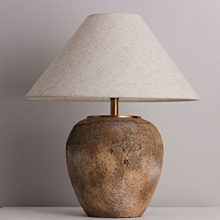 Modern Shabby Chic Cone Fabric Ceramic Jar 1-Light Table Lamp for Bedroom, Rustic Home Decor Table Lamp, Stylish Nightstand Light, Vintage-Inspired Lighting, Elegant Bedroom Lamps, Decorative Lamp for Living Room, Cozy Accent Lighting, Fabric Shade Table