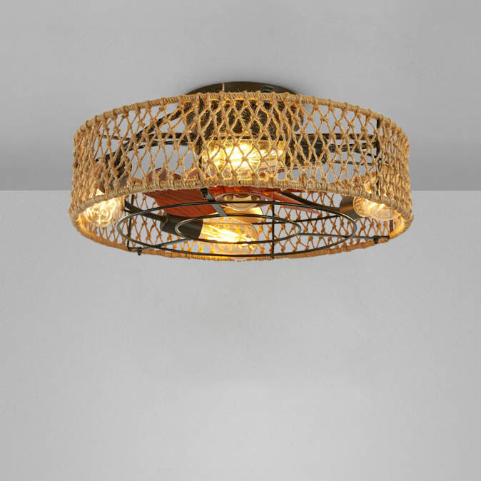 Rustic Round Drum Semi-Flush Mount Ceiling Fan Light - 4-Light Iron & Hemp Rope Fixture for Bedroom
