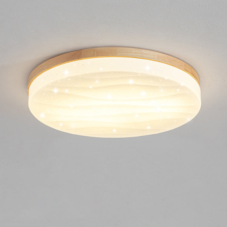 Modern Minimalist Wood Round Shade LED Flush Mount Ceiling Light for Living Room