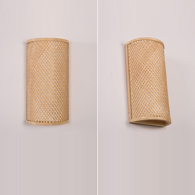 Traditional Japanese Bamboo Wall Sconce Lamp - Semicircular Cylinder, 2-Light for Bedside Lighting