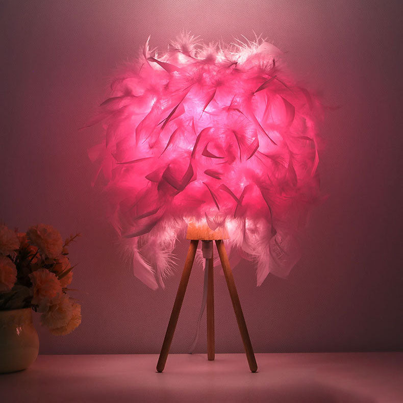 Modern Art Deco Feather Wood Cylinder Triangle Base 1-Light Table Lamp Nightstand Lamp for Bedroom Stylish Bedside Lighting Elegant Home Decor Accent Lamp Unique Design Decorative Table Light Modern Lighting Solution Interior Design Must-Have
