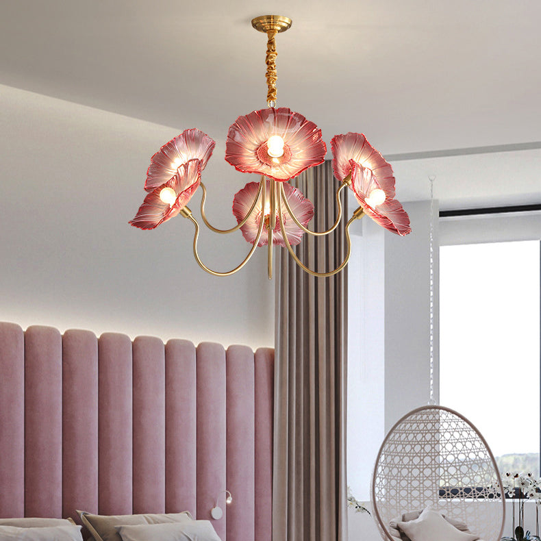 Modern Art Deco Gold Finish Chandelier with Lotus Leaf Glass Shade - 3/6 Lights for Living Room