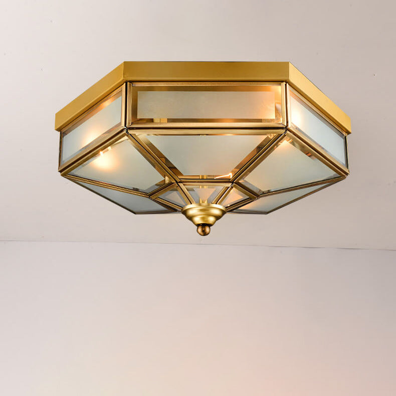 Traditional European Copper Glass Flush Mount Ceiling Light 3/4 Light for Living Room