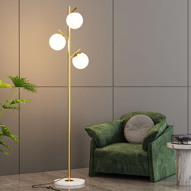 Contemporary Scandinavian Orb Pillar Floor Lamp - 3-Light Metal & Marble Glass for Living Room
