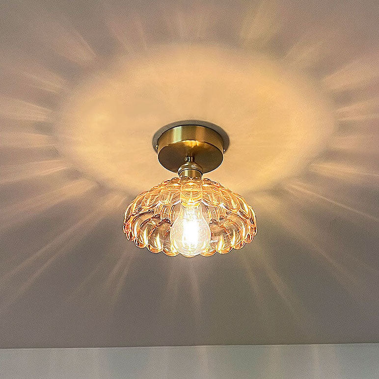 Vintage Brass Glass Dome Semi-Flush Mount Ceiling Light