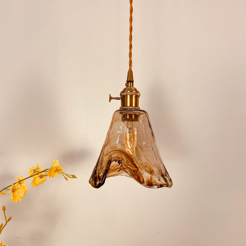Vintage Amber Glass Brass Pendant Light 1-Light Ceiling Fixture