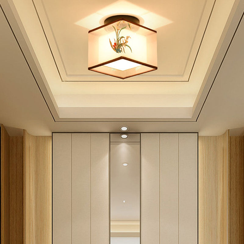 Traditional Chinese Square Iron Semi-Flush Mount Ceiling Light for Hallway