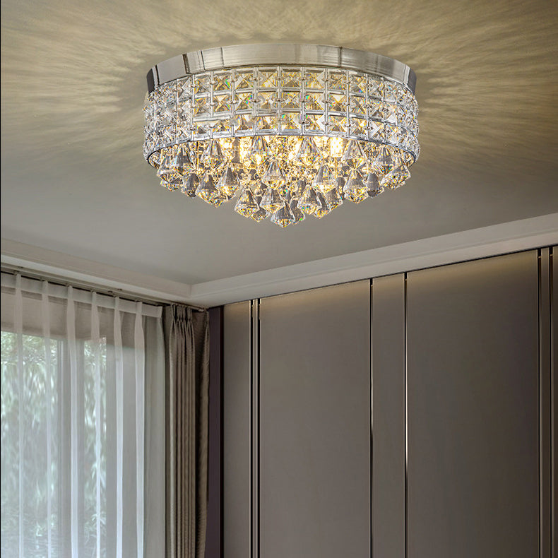 Modern Luxury Round Iron Crystal Beads Flush Mount Ceiling Light 6/9-Light Living Room Fixture