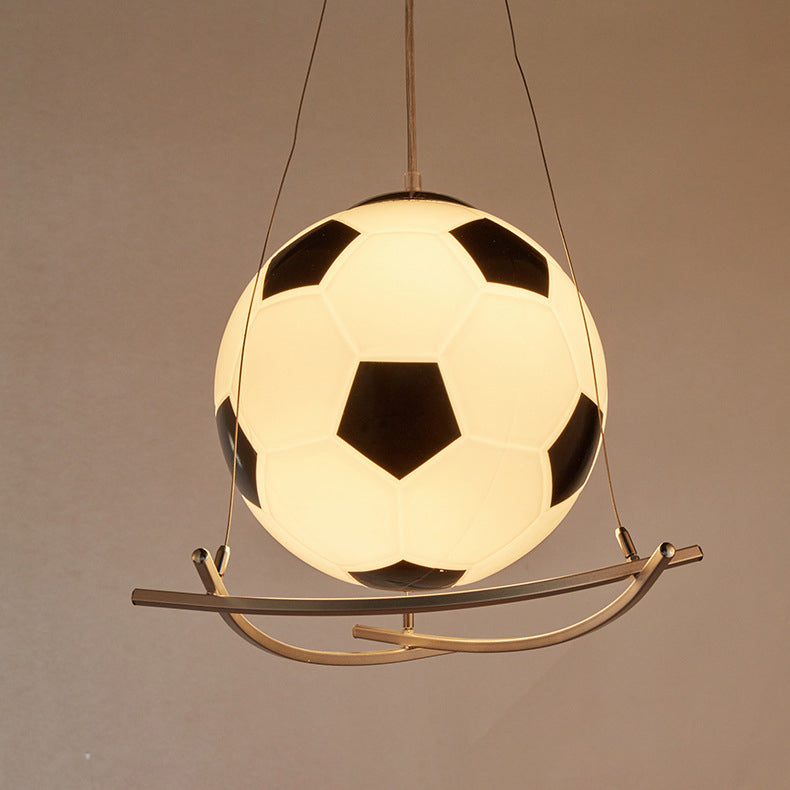 Contemporary Creative Kids Cartoon Soccer Glass Aluminum 1-Light Kids Pendant Light for Bedroom Hanging Fixture Decorative Playroom Ceiling Light Fixture Soccer Theme Kids Room Lighting