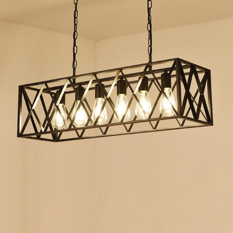 Traditional Farmhouse Rectangular Iron Cage Chandelier 4/6 Light for Dining Room