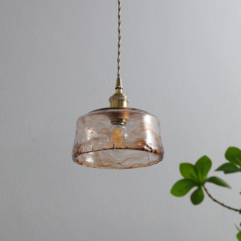 Vintage Amber Drum Glass Pendant Light for Living Room - Brass 1-Light Design