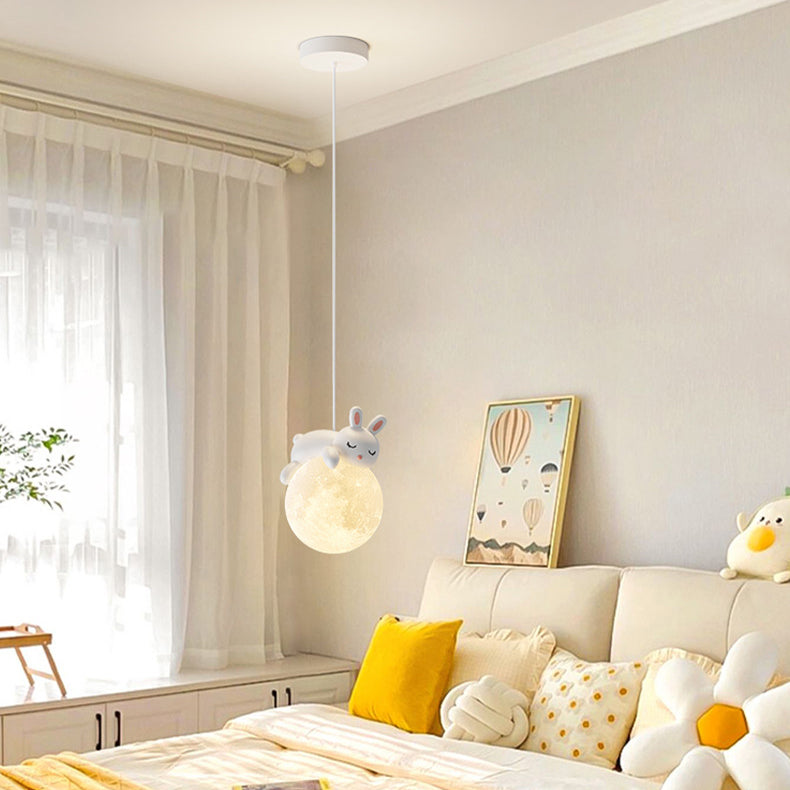 Contemporary Rabbit Moon Kids Pendant Light - 1-Light Resin Fixture for Living Room Decor
