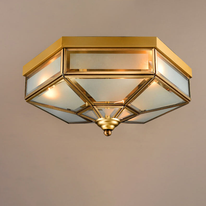 Traditional European Copper Glass Flush Mount Ceiling Light 3/4 Light for Living Room