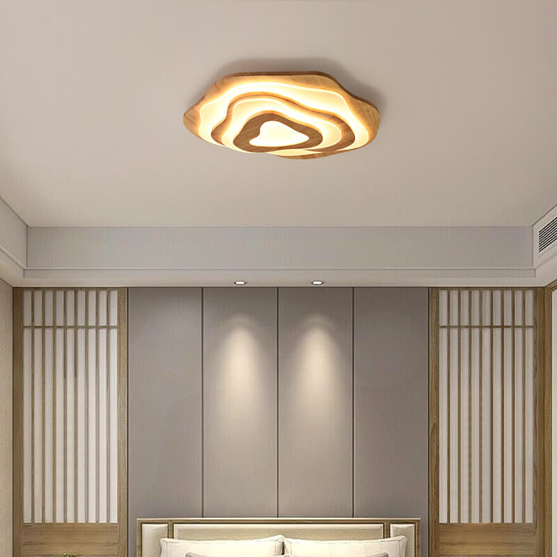 Modern Chinese Solid Wood Round LED Ceiling Light - Textured Flush Mount Lamp