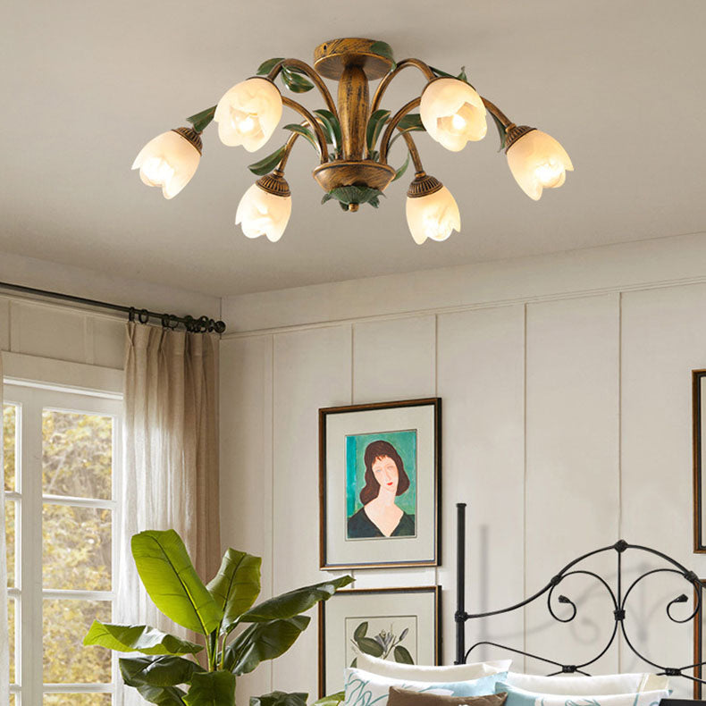 Traditional Rustic Floral Iron Glass Semi-Flush Mount Ceiling Light for Living Room - 6/8/10 Light Options