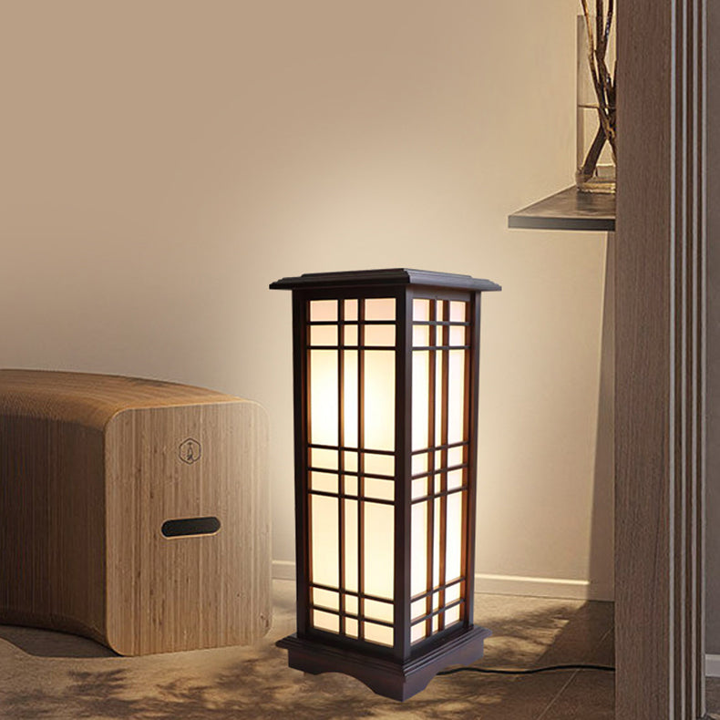Traditional Chinese Rectangular Parchment Wood 1-Light Floor Lamp for Entertainment Rooms