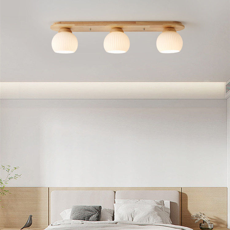 Traditional Japanese Striped Glass Wood Long Plate Flush Mount Ceiling Light