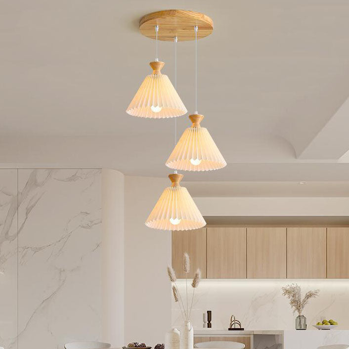 Traditional Japanese Rubberwood Pleated Cone Island Chandelier for Living Room