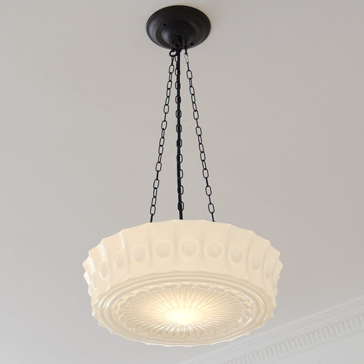 Traditional French Iron Glass Striped Round Drum LED Ceiling Light for Living Room & Bedroom