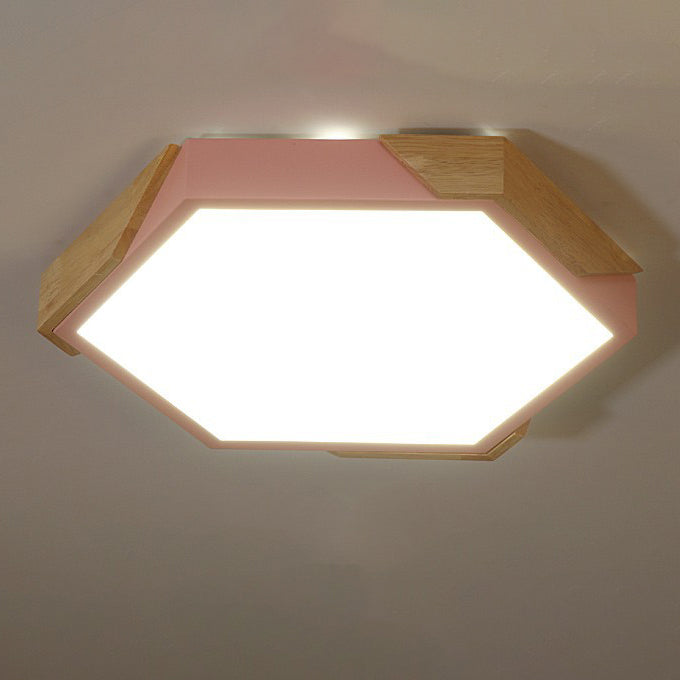 Contemporary Scandinavian Hexagonal Iron Wood Macaron LED Flush Mount Ceiling Light for Bedroom