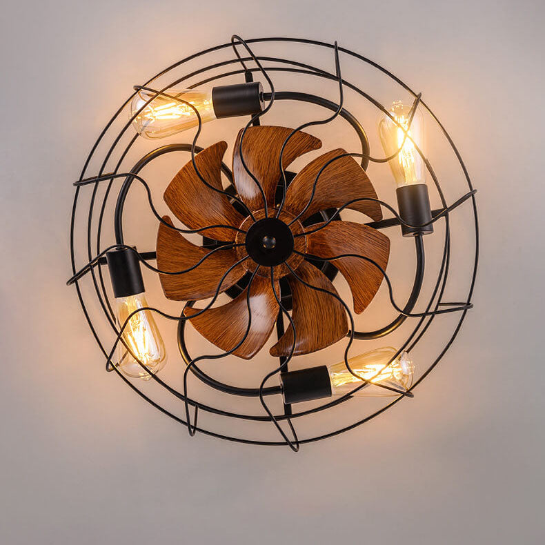 Contemporary Industrial Wood Grain Drum Cage Ceiling Fan Light - 3-Light Flush Mount for Living Room