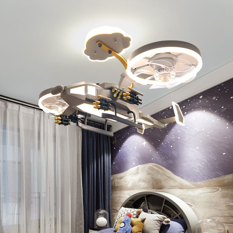 Modern Children's Helicopter Hardware Acrylic LED Semi-Flush Mount Ceiling Fan Light Fixture, Kids Room Decorative Lighting, Aviation Theme Design, Energy Efficient, Adjustable Brightness, Stylish Ceiling Fan Light for Boys and Girls, Playroom and Nursery