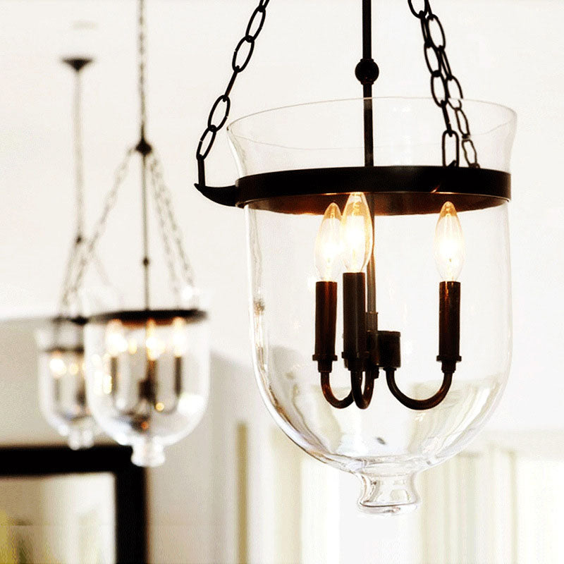 Rustic Round Glass Bucket Iron Candelabra 3-Light Chandelier for Living Room