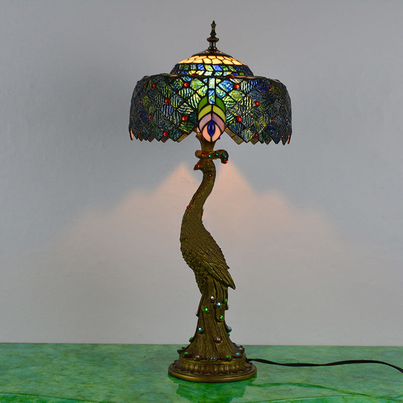 Tiffany Peacock Gem Glass Resin Table Lamp - 1-Light for Living Room & Bedroom