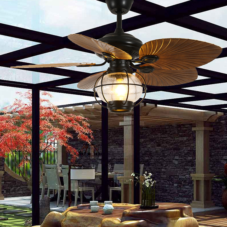 Traditional Rustic Lantern Ceiling Fan Light - Banana Shaped Iron & Glass 1-Light, Downrod Style for Living Room
