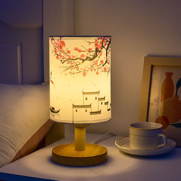 Modern Minimalist LED Table Lamp, Fabric Column Landscape Design, Wood Base Lighting, Contemporary Home Decor, Stylish Nightstand Lamp, Energy-Efficient LED, Living Room Accent Light, Bedroom Illumination, Unique Design Lamps, Eco-Friendly Lighting Soluti