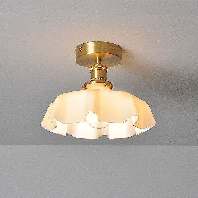 Japanese Vintage Cream Glass Floral Brass Semi-Flush Mount Ceiling Light