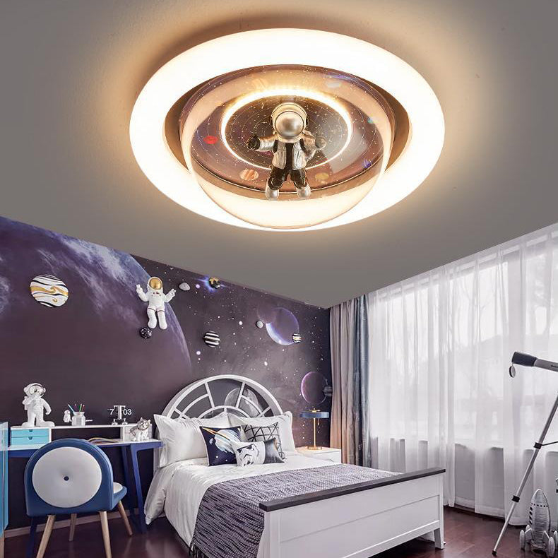Contemporary Cartoon Planet Resin Astronaut Acrylic Round Shade LED Kids Flush Mount Ceiling Light for Bedroom, Nursery Ceiling Fixture, Space Theme Room Decor, Childrens Lighting, Modern Kids Bedroom Illumination, Fun Astronaut Design, Colorful Space Adv
