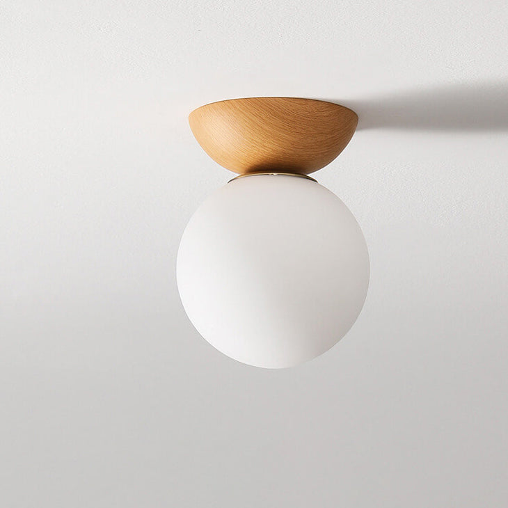 Japanese Minimalist Wood Grain Round Flush Mount Ceiling Light - 1-Light Glass Fixture