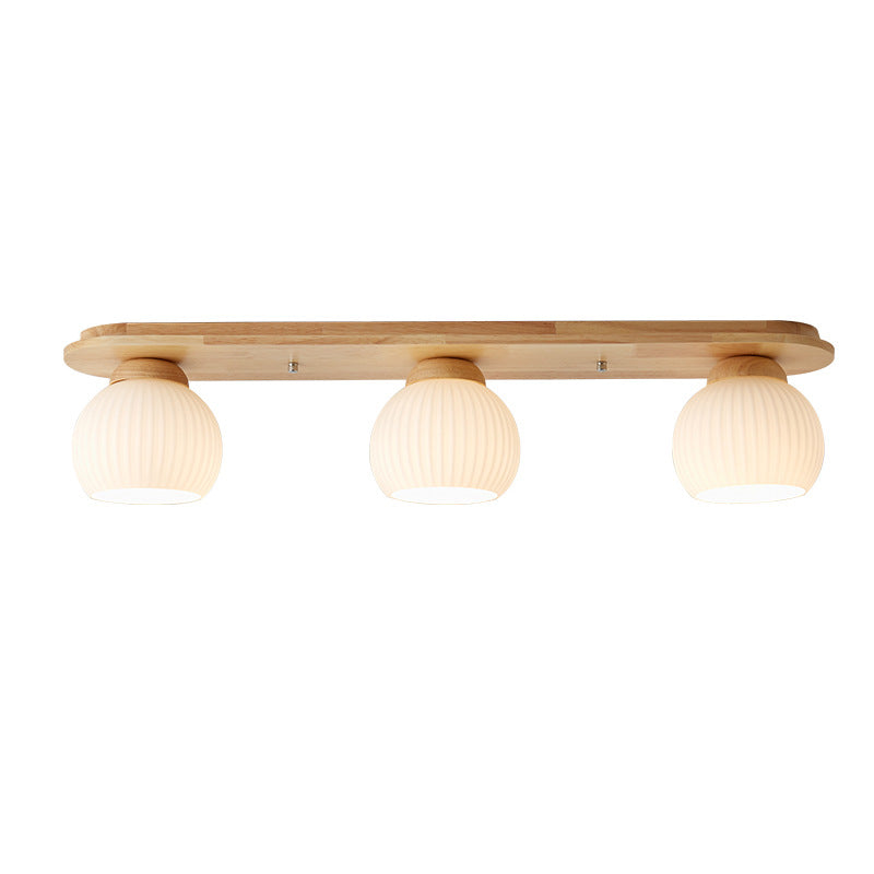 Traditional Japanese Striped Glass Wood Long Plate Flush Mount Ceiling Light