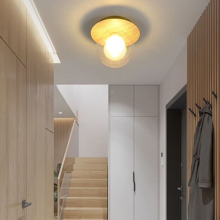 Traditional Japanese Glass Iron Woodgrain Semi-Flush Mount Ceiling Light