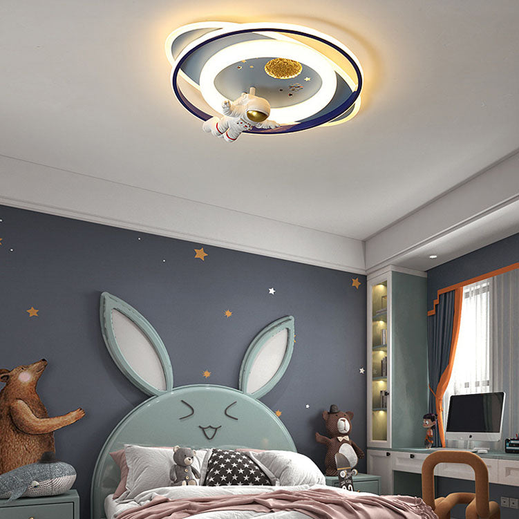 Modern Creative Kids Iron Cartoon Astronaut Rocket LED Flush Mount Ceiling Light, Children's Bedroom Lighting, Space Theme Decor, Playroom Illumination, Fun Astronaut Design, Colorful Nursery Fixture, Eco-Friendly LED Ceiling Lamp, Unique Child Room Acces