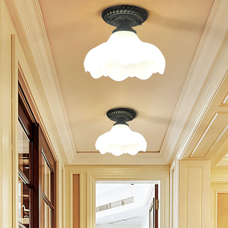 Contemporary Retro Floral Semi-Flush Mount Ceiling Light - Bell Round Iron & Glass for Hallway