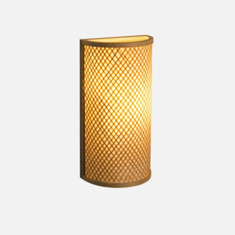 Traditional Japanese Bamboo Wall Sconce Lamp - Semicircular Cylinder, 2-Light for Bedside Lighting